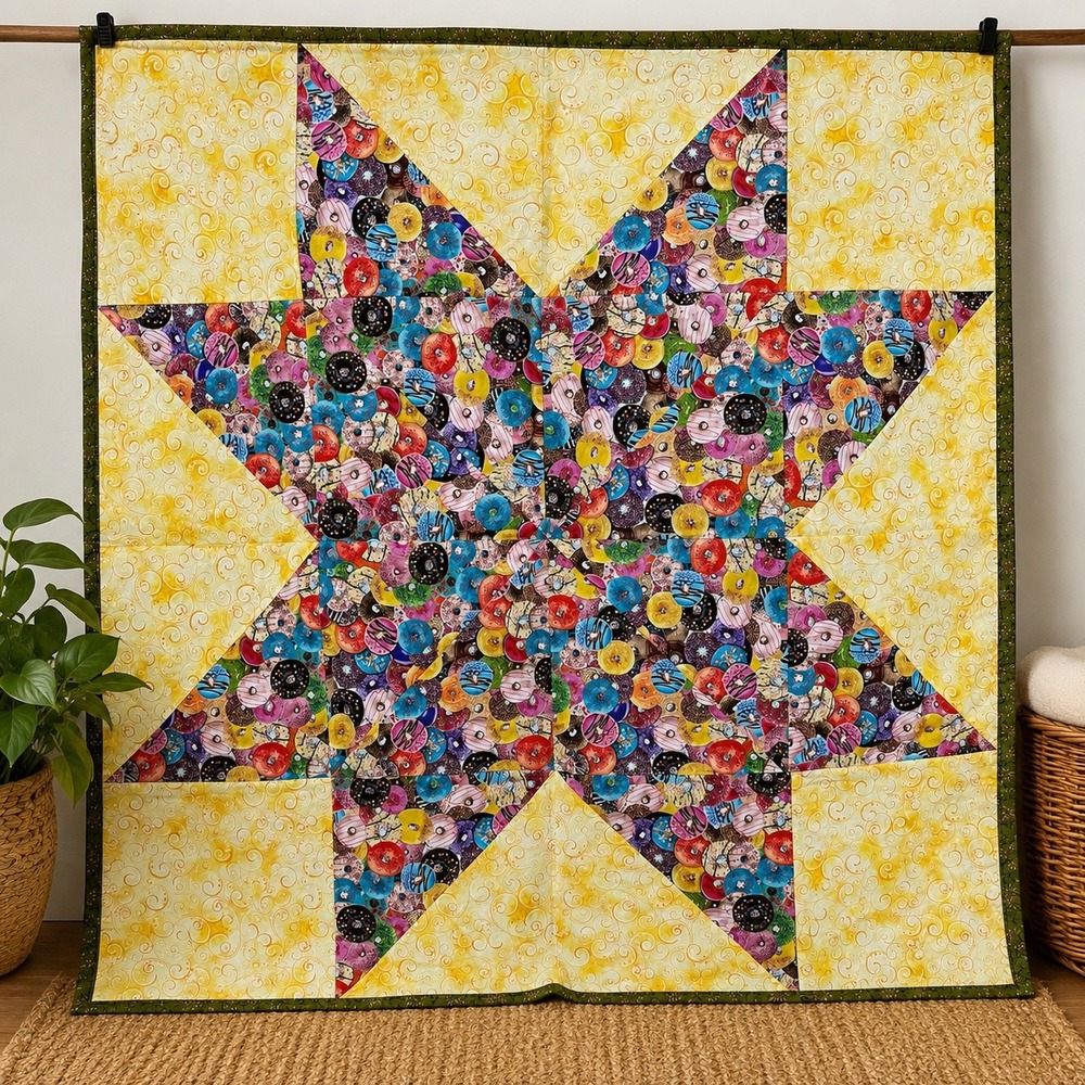 Vintage‎ Handmade Donut Star Quilt 46x46 Colorful Cottagecore Wall Decor